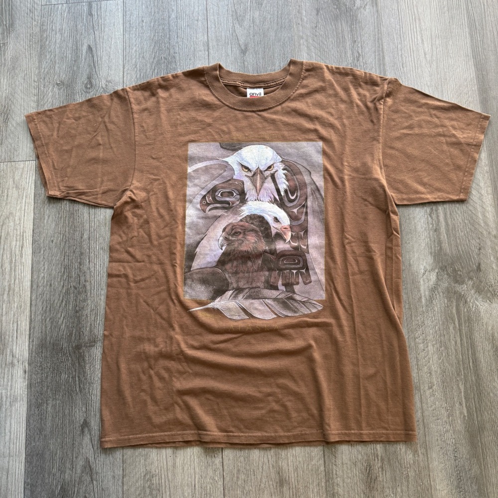 Vintage 90s Anvil Eagle Spirit Alaska Totem Graphic Tee Mens XL Brown Nature